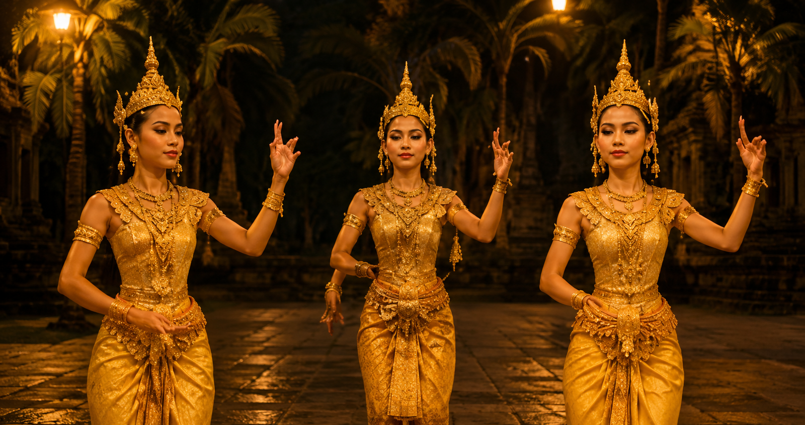 Apsara dancers in traditional gold costumes
