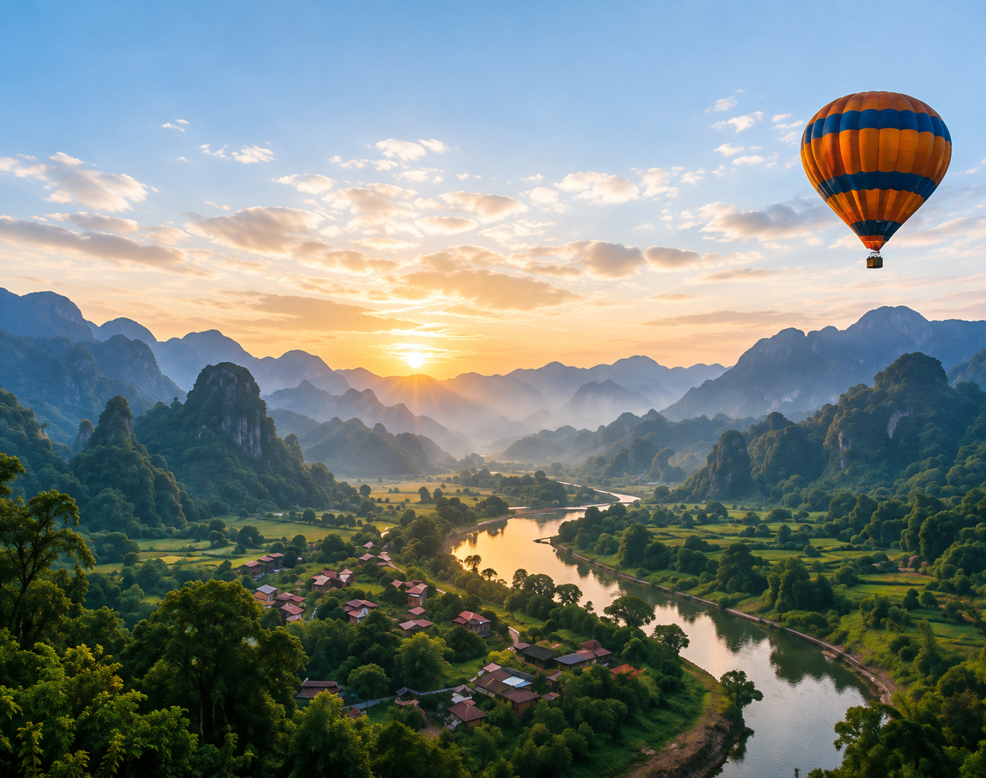 Laos river valley with hot air balloon at sunrise