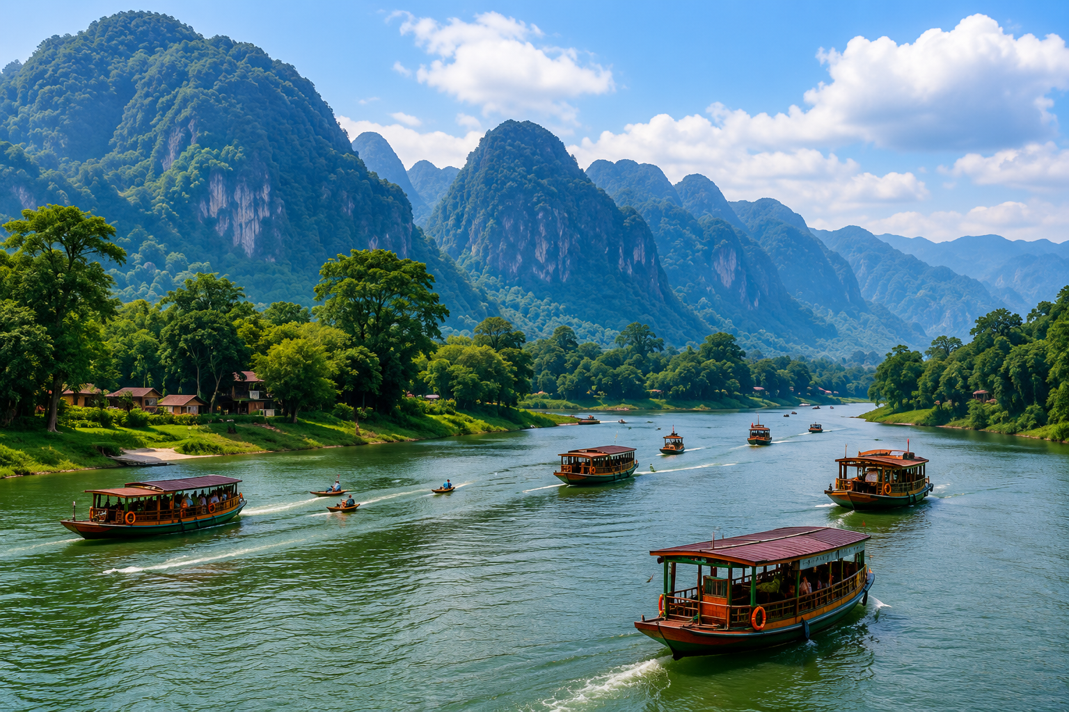 Vang Vieng river and boats among karsts