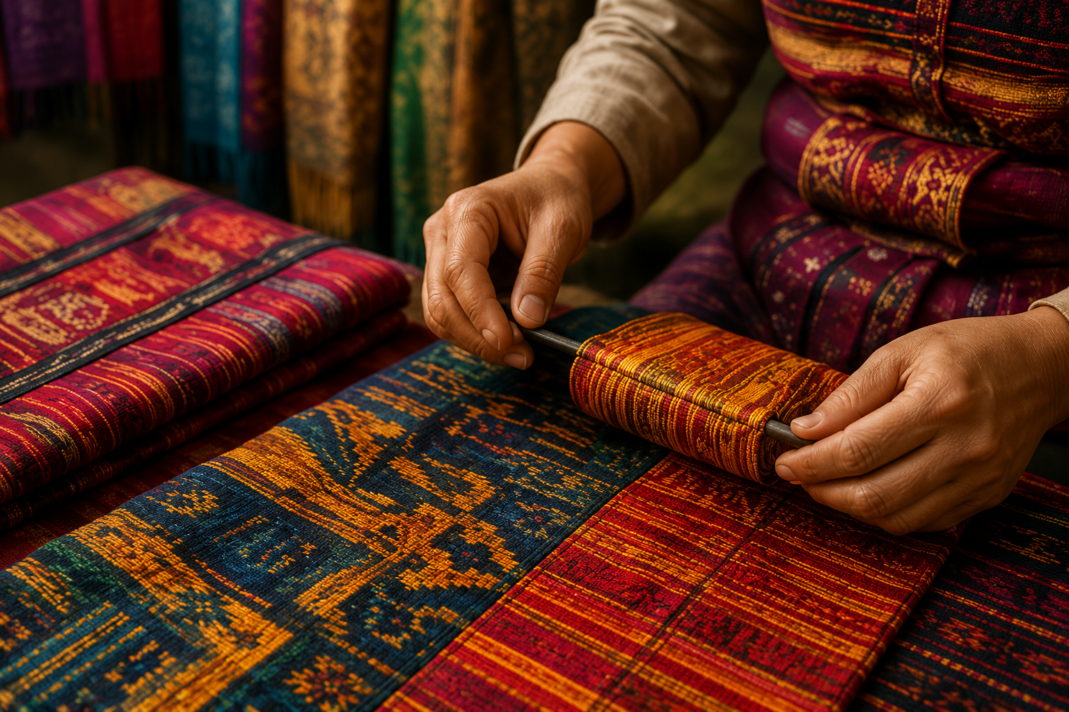 Lao artisan weaving textiles by hand
