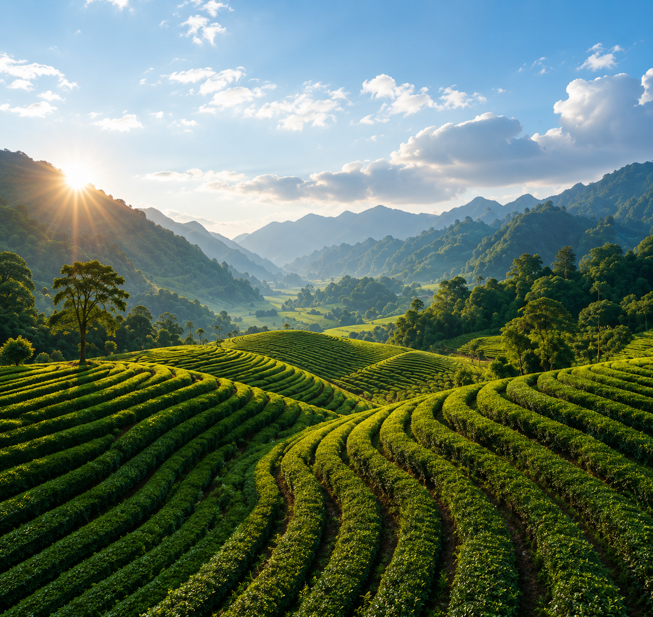 Cameron Highlands tea plantation at sunrise