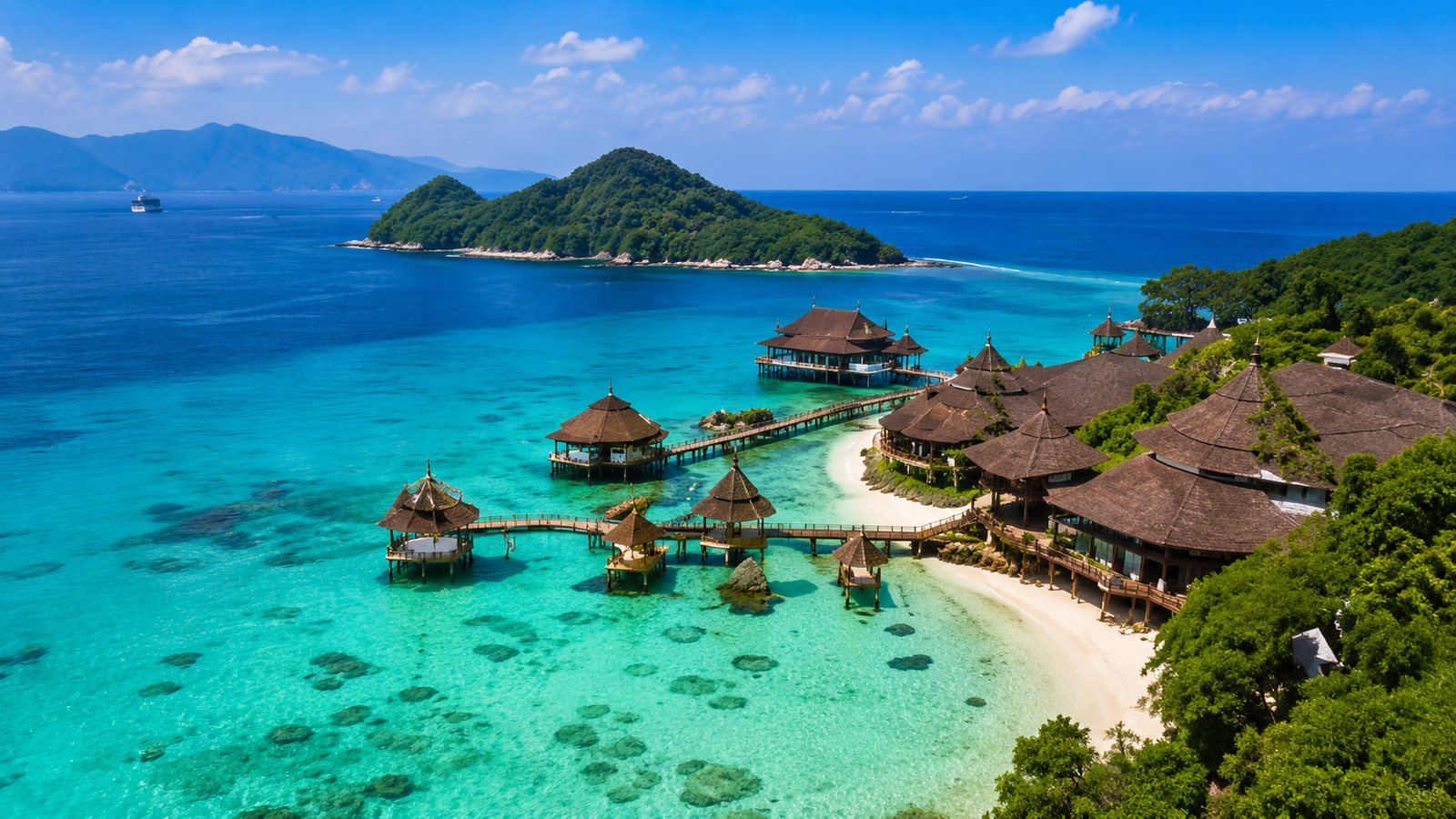 Sipadan Island overwater bungalows and turquoise sea