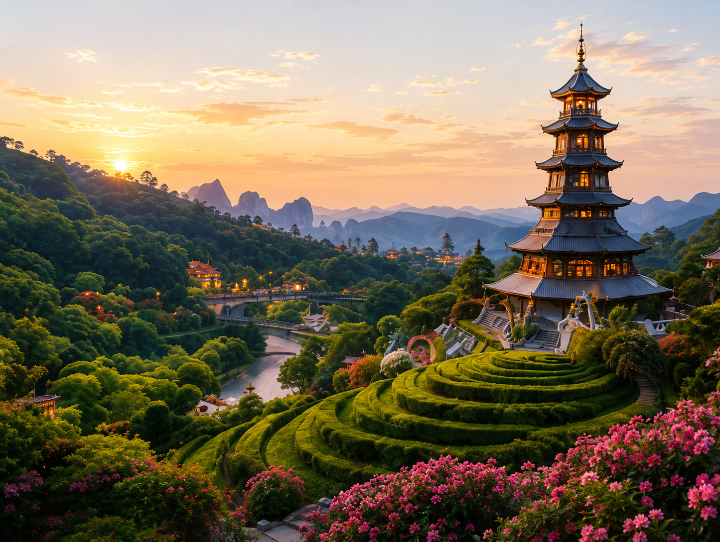 Golden pagoda overlooking lush Thai river valley