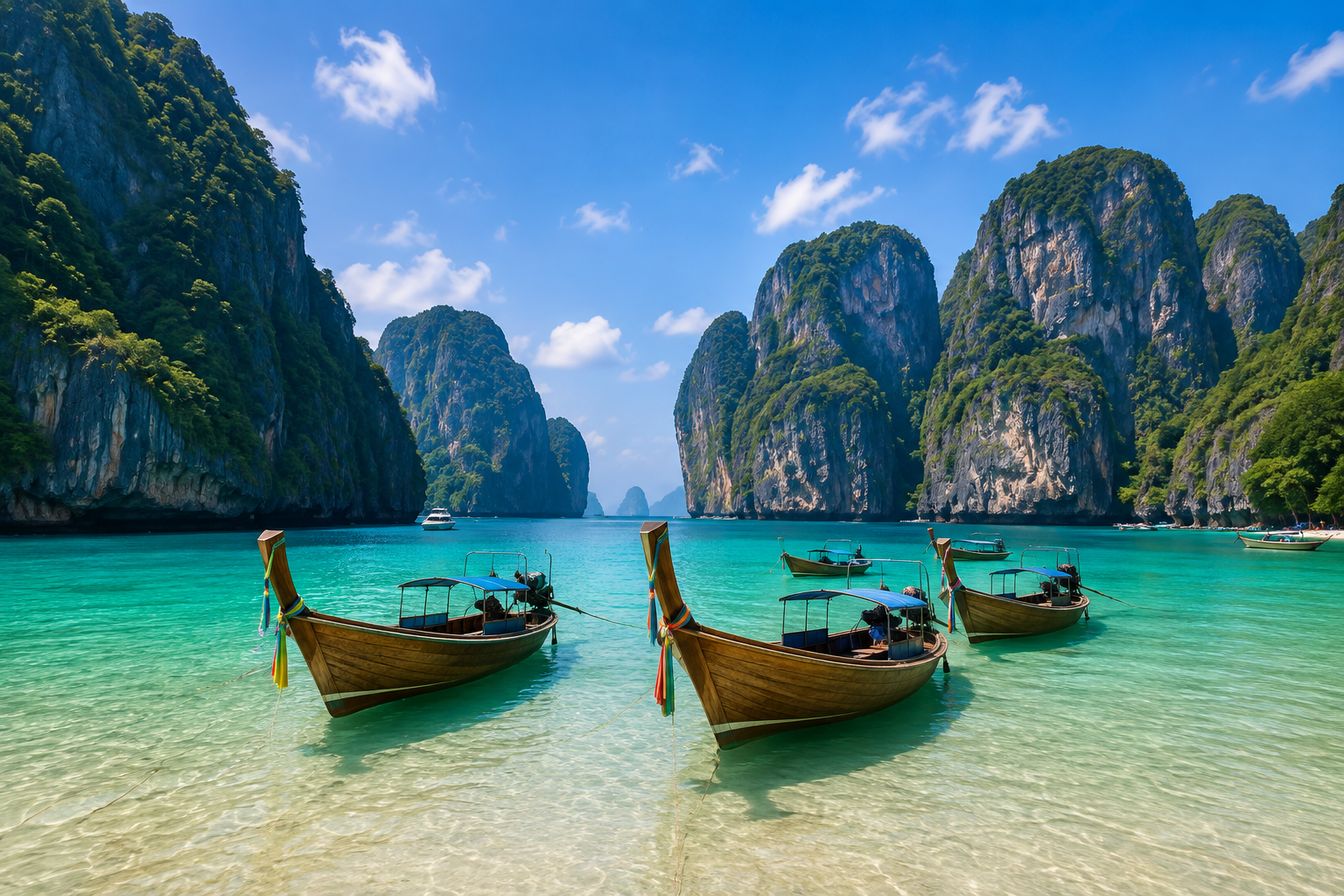 Krabi longtail boats among limestone cliffs