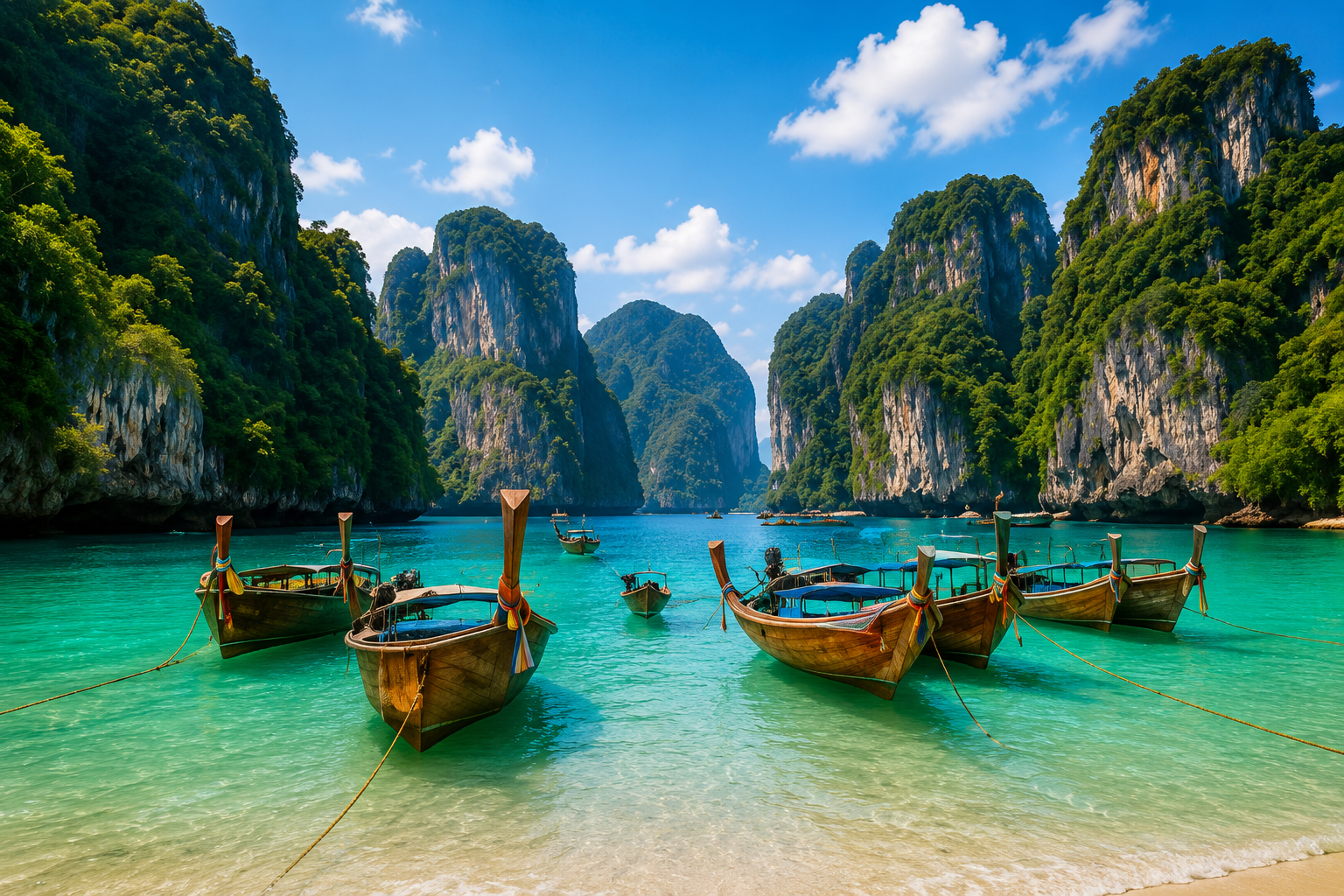 Phi Phi Islands longtail boats and cliffs