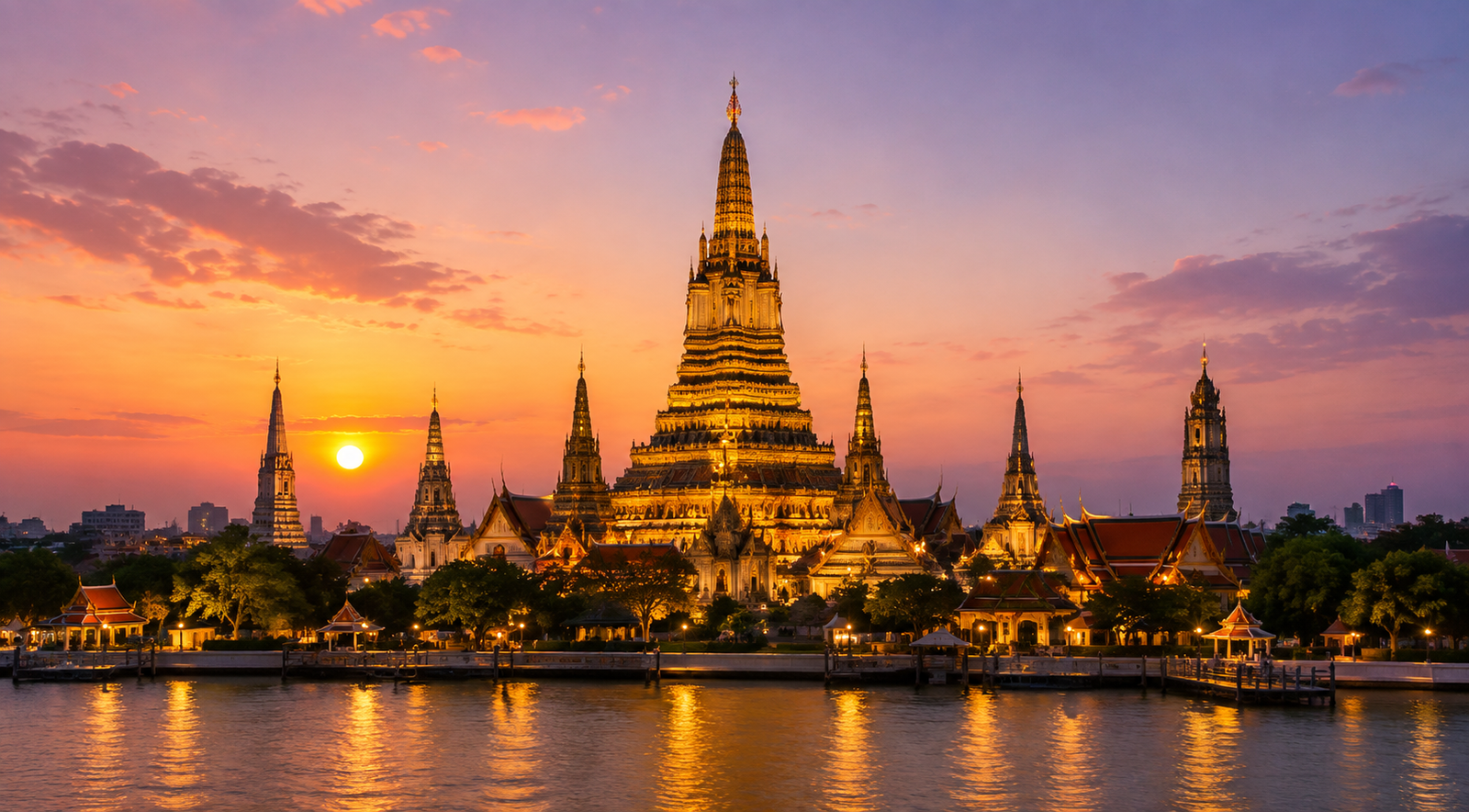 Golden pagoda temple in Bangkok at sunset