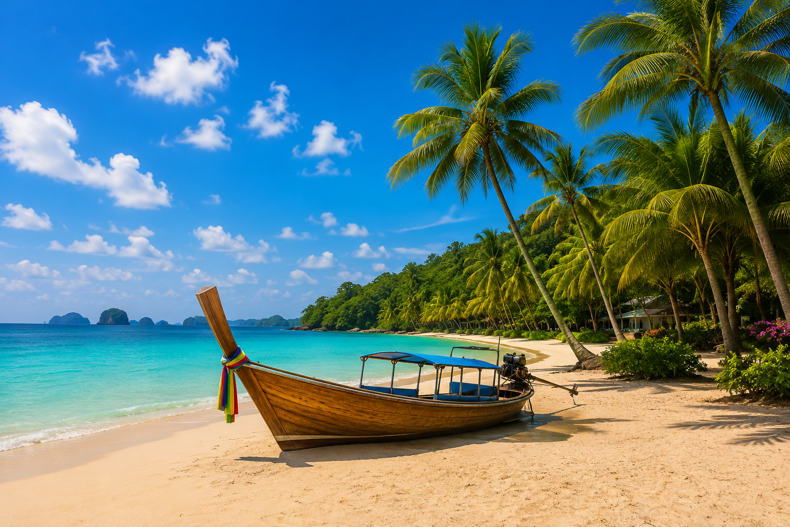 Phuket palm-lined beach and boat