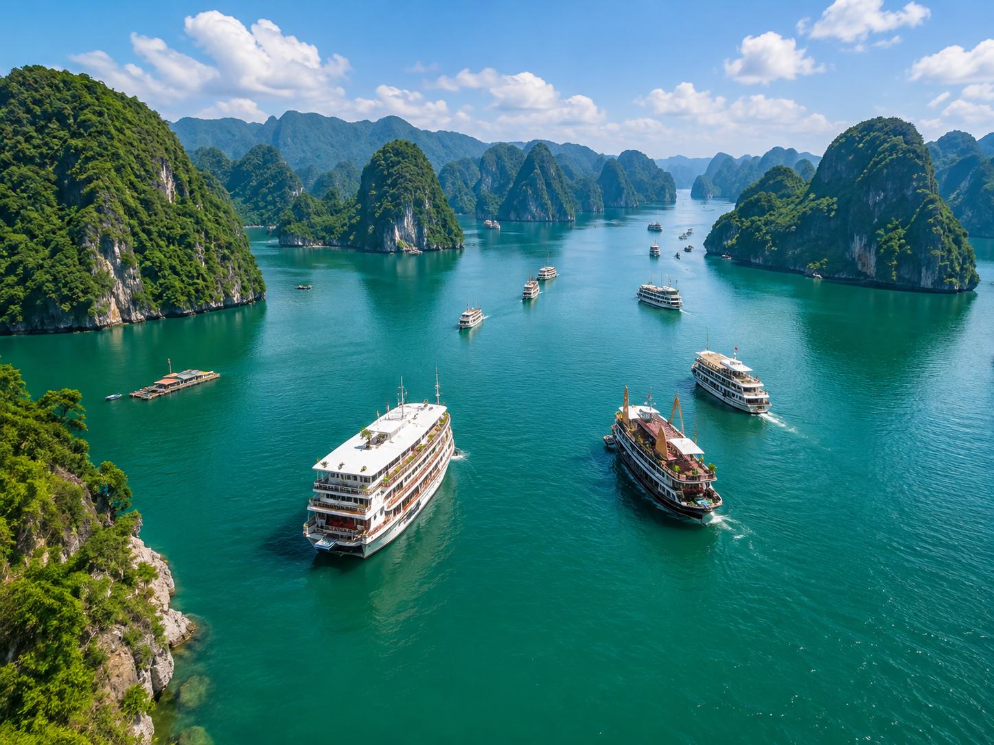 Ha Long Bay cruise boats among limestone karsts
