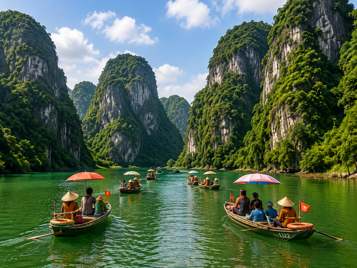 Ninh Binh boats along the river between karsts