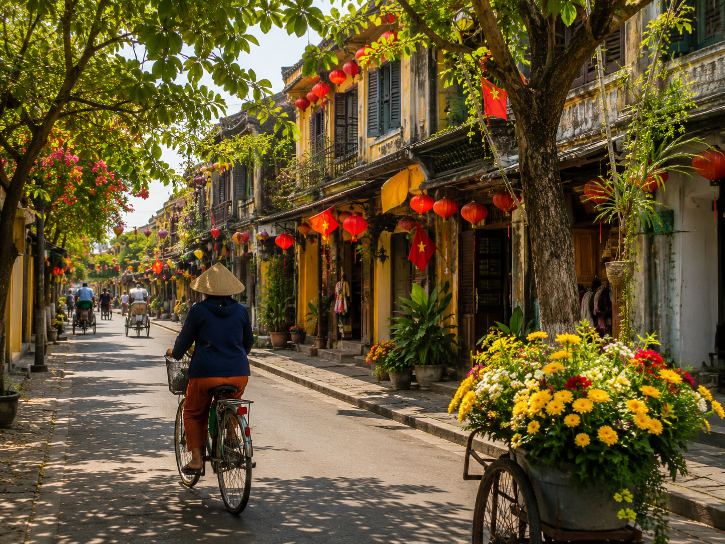 Hanoi Old Quarter street with bicycle and flowers